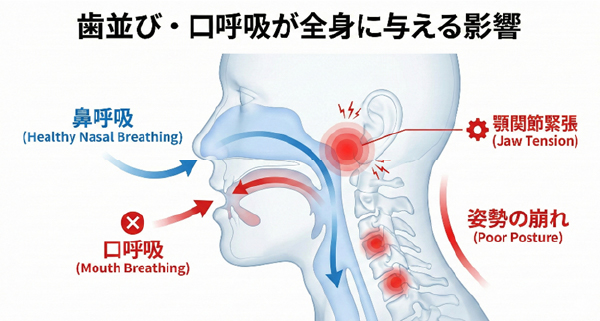 不正咬合が顎関節や呼吸、姿勢に与える影響の図解