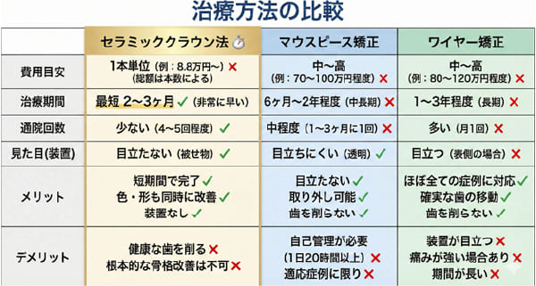 セラミック、マウスピース、ワイヤー矯正の費用・期間・特徴比較表