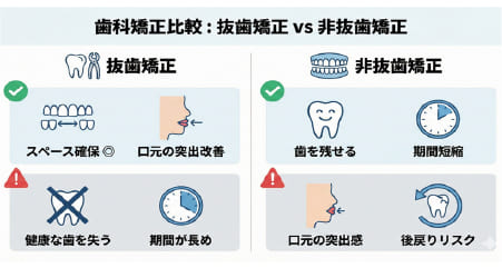 抜歯矯正と非抜歯矯正のメリット・デメリット比較図（スペース確保、口元の変化、治療期間、リスクの比較）