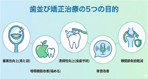 歯並び矯正治療の5つの目的（審美、咀嚼、清掃、発音、健康）を示す図