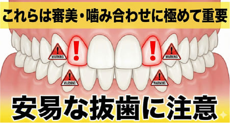 審美性・機能性に重要な前歯（側切歯）や犬歯（糸切り歯）の抜歯に対する警告図