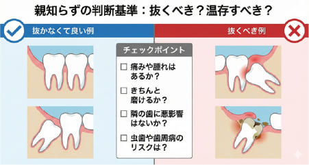 親知らずを抜くべきか温存すべきかの判断基準（生え方、清掃性、症状の有無）の比較表