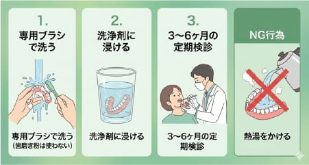 スマイルデンチャーの正しいお手入れ方法と定期メンテナンスの重要性を示すイラスト