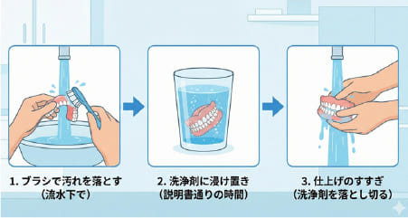 入れ歯の正しい洗い方3ステップ(1.ブラシで洗う、2.洗浄剤に浸ける、3.すすぐ)のイラスト図解