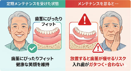 入れ歯の定期メンテナンスの重要性と、メンテナンスを怠った際のリスク（歯茎の吸収、破損）の比較イラスト