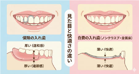 保険の入れ歯と自費の入れ歯（ノンクラスプデンチャー、金属床）の見た目と厚みの比較