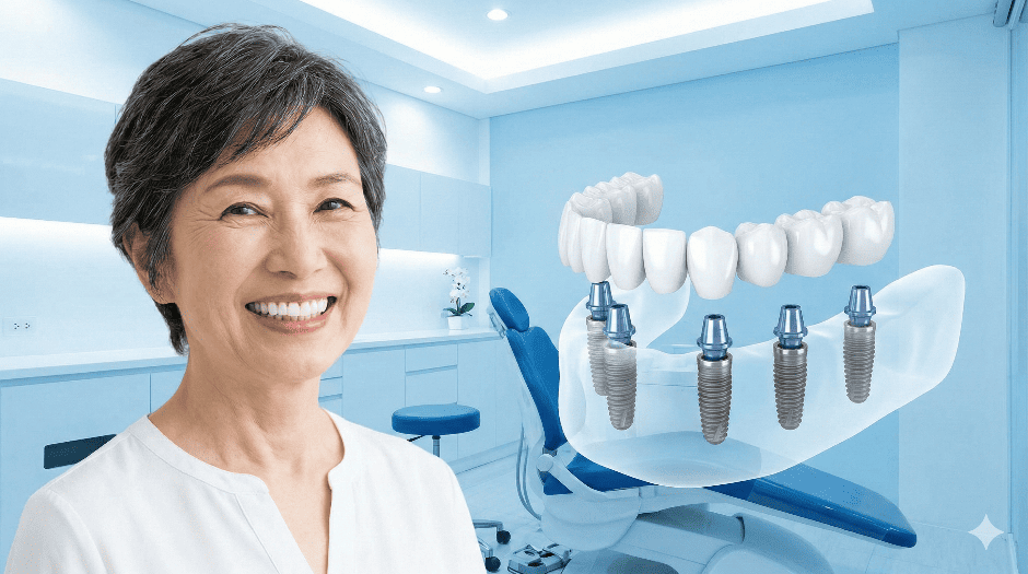 オールオン4治療で、4本のインプラントで全ての歯を支え、自信のある笑顔を取り戻したシニア女性のイメージ