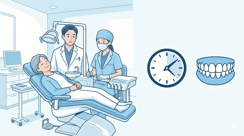 静脈内鎮静法でリラックスして眠っている間に手術が完了し、仮歯が入るイメージ