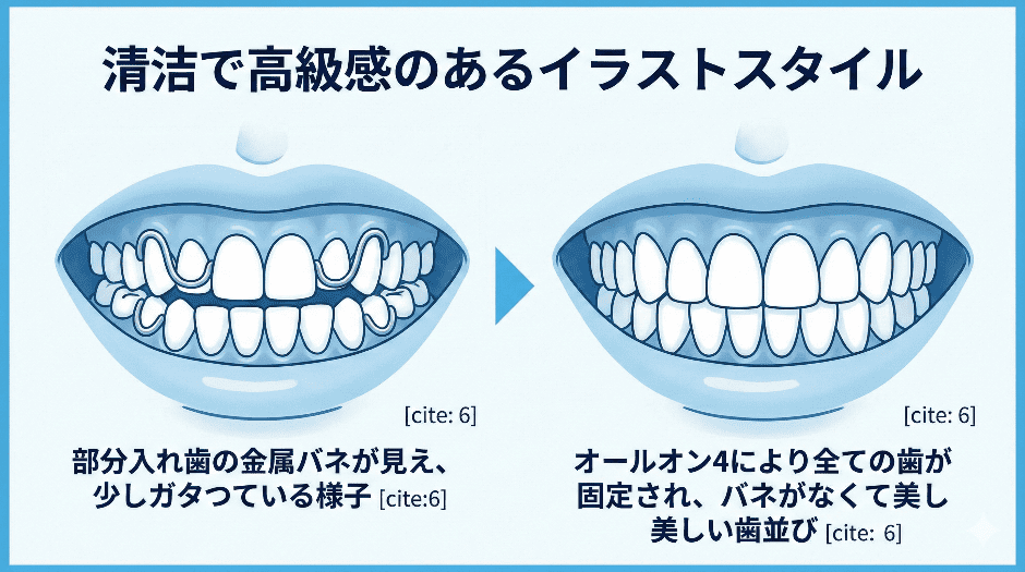 入れ歯の悩み(ガタツキ、金属バネ)と、オールオン4による固定・自然な見た目のビフォーアフター比較
