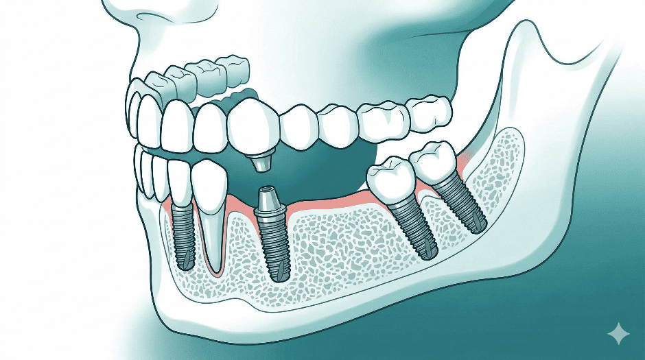 4本のインプラント(うち2本は傾斜埋入)が、一体型の全ての歯を支える仕組みの図解