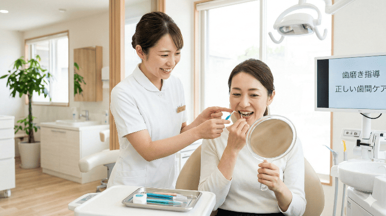 歯科医院で正しい歯磨きの指導を受ける日本人女性