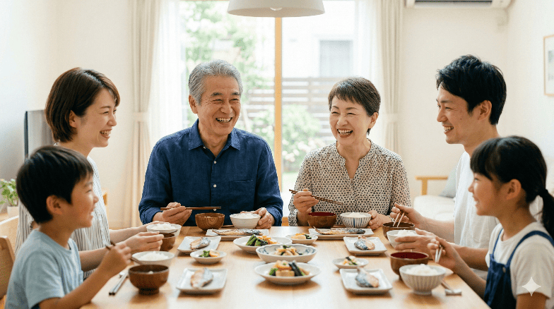歯の悩みから解放され、笑顔で食事を楽しむ日本のシニア