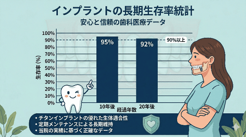 インプラントの10年〜20年生存率の高さを示す信頼性の高いグラフ