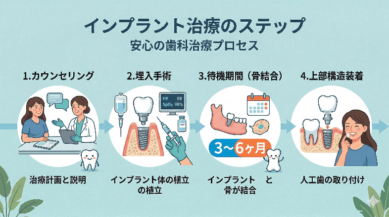 インプラント治療の開始から完了までのステップと期間（3〜6ヶ月）の図解