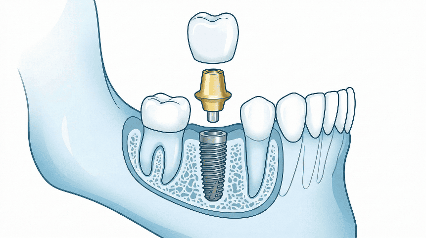 歯根、土台、被せ物からなるインプラントの3パーツ構造図