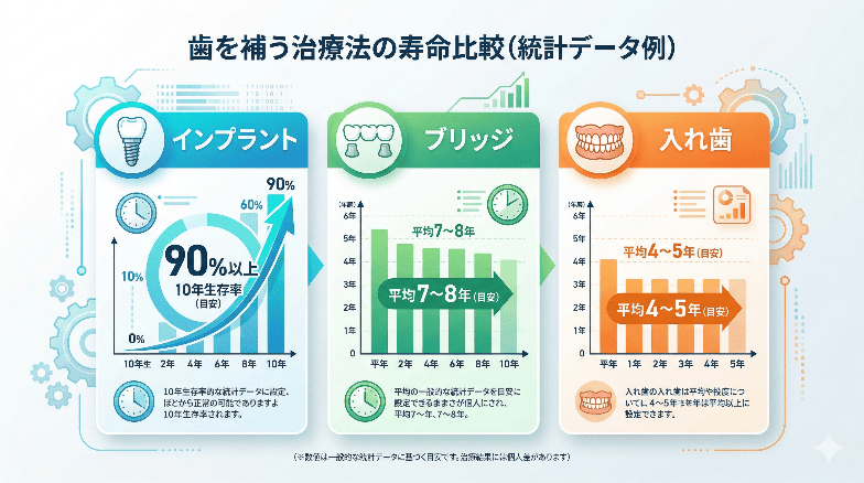 インプラント、ブリッジ、入れ歯の10年生存率比較グラフ