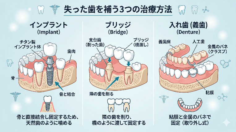 インプラント、ブリッジ、入れ歯の構造的な違いの断面図